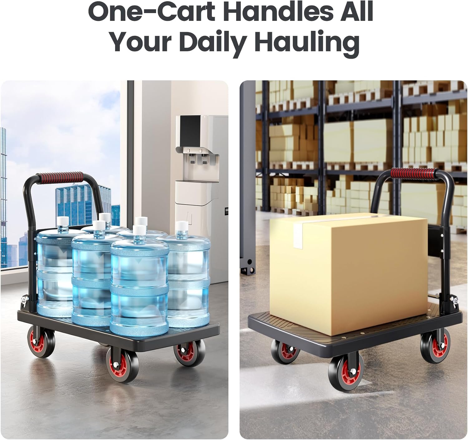 Upgraded Foldable Push Cart Dolly | 660 lbs. Capacity Moving Platform Hand Truck | Heavy Duty Space Saving Collapsible | 4‘’ TPR 360-Degree Silent Wheels | 2 Swivel Wheels and 2 Fixed Wheels